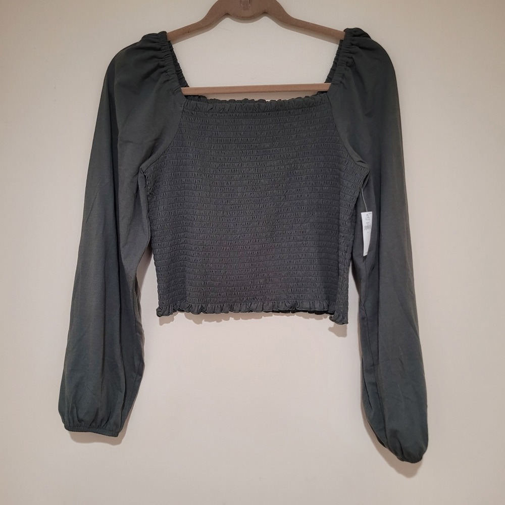 GAP Olive Green‎ Smocked Square Neck Long Sleeve Crop Top Blouse Medium NWT